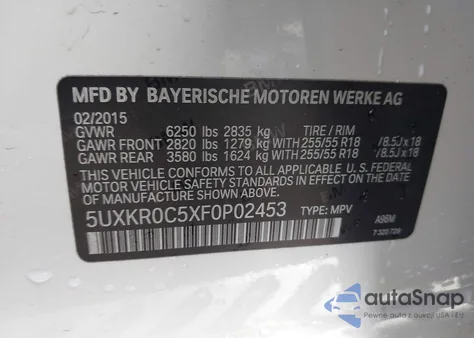 2015 BMW X5 xDrive35I z USA, uszkodzony, nr VIN 5UXKR0C5XF0P02453